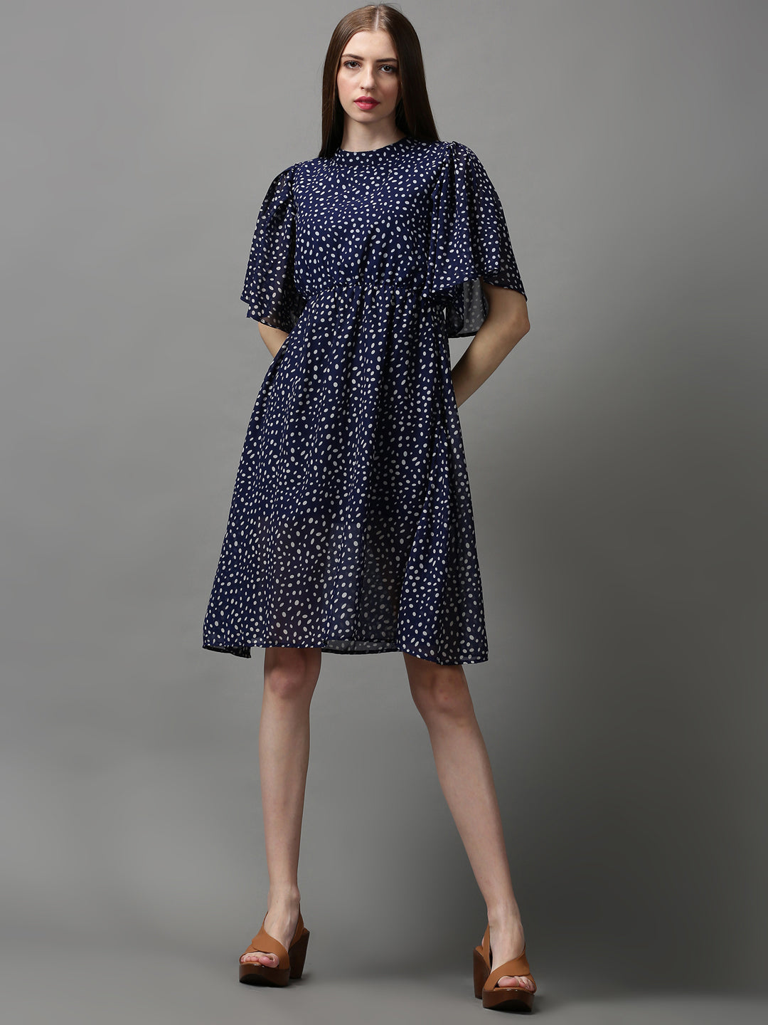 Women's Navy Blue Chiffon Blouson Dress
