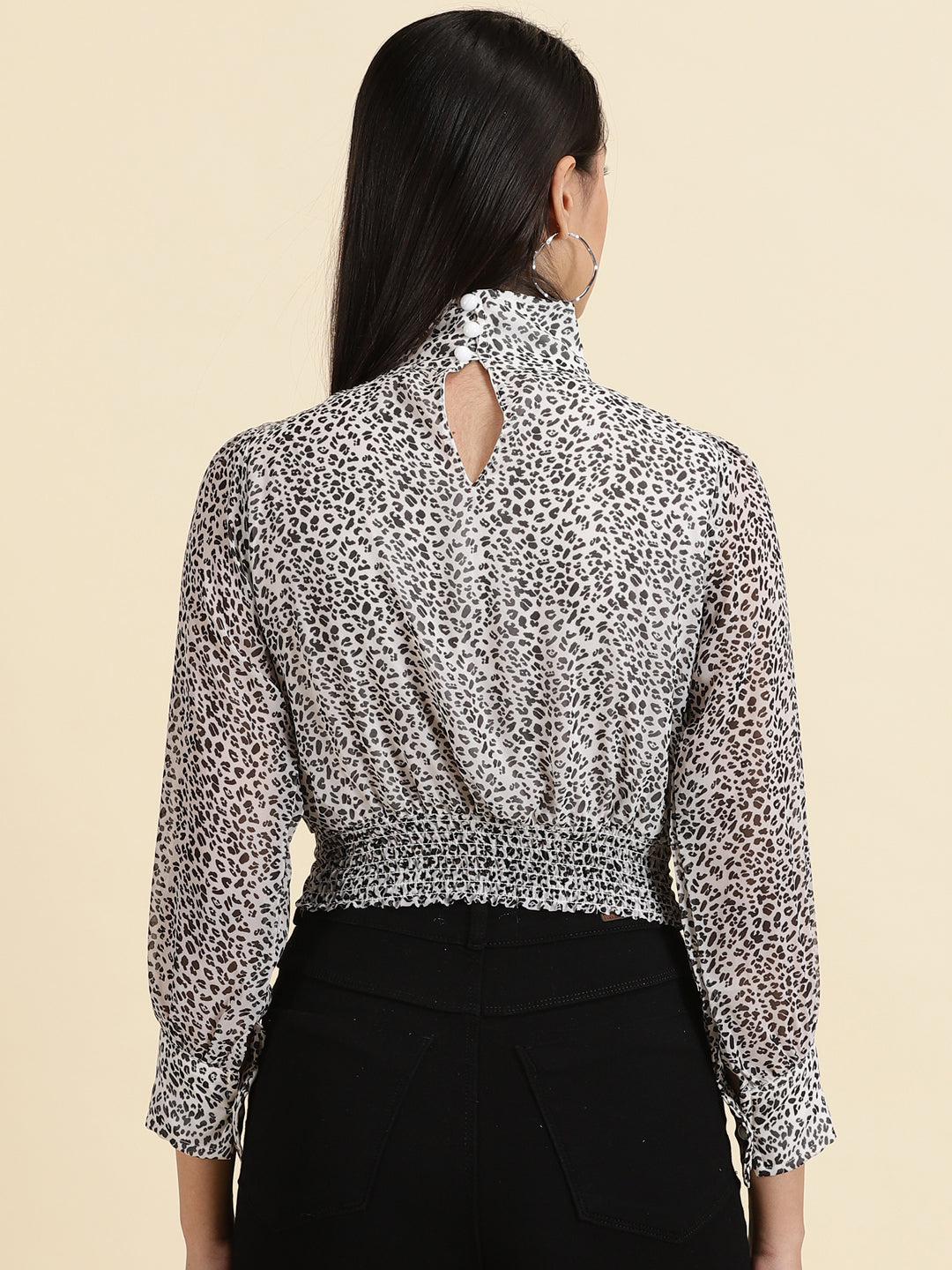 Women's White Animal Printed Chiffon Keyhole Neck Crop Blouson Top