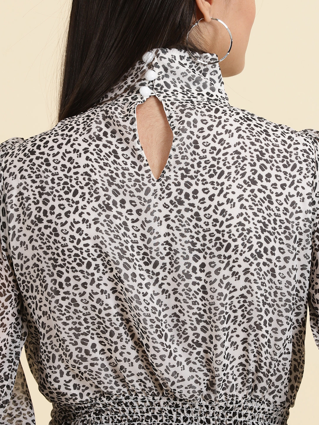 Women's White Animal Printed Chiffon Keyhole Neck Crop Blouson Top