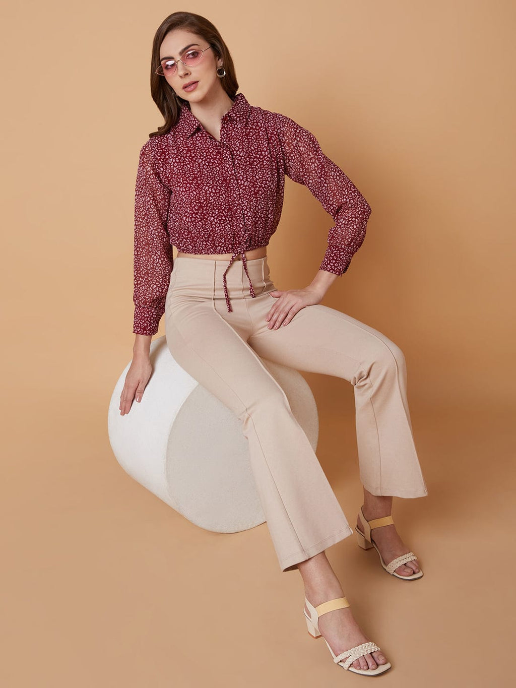 Women's Maroon Abstract Printed Shirt Collar Synthetic Georgette Top