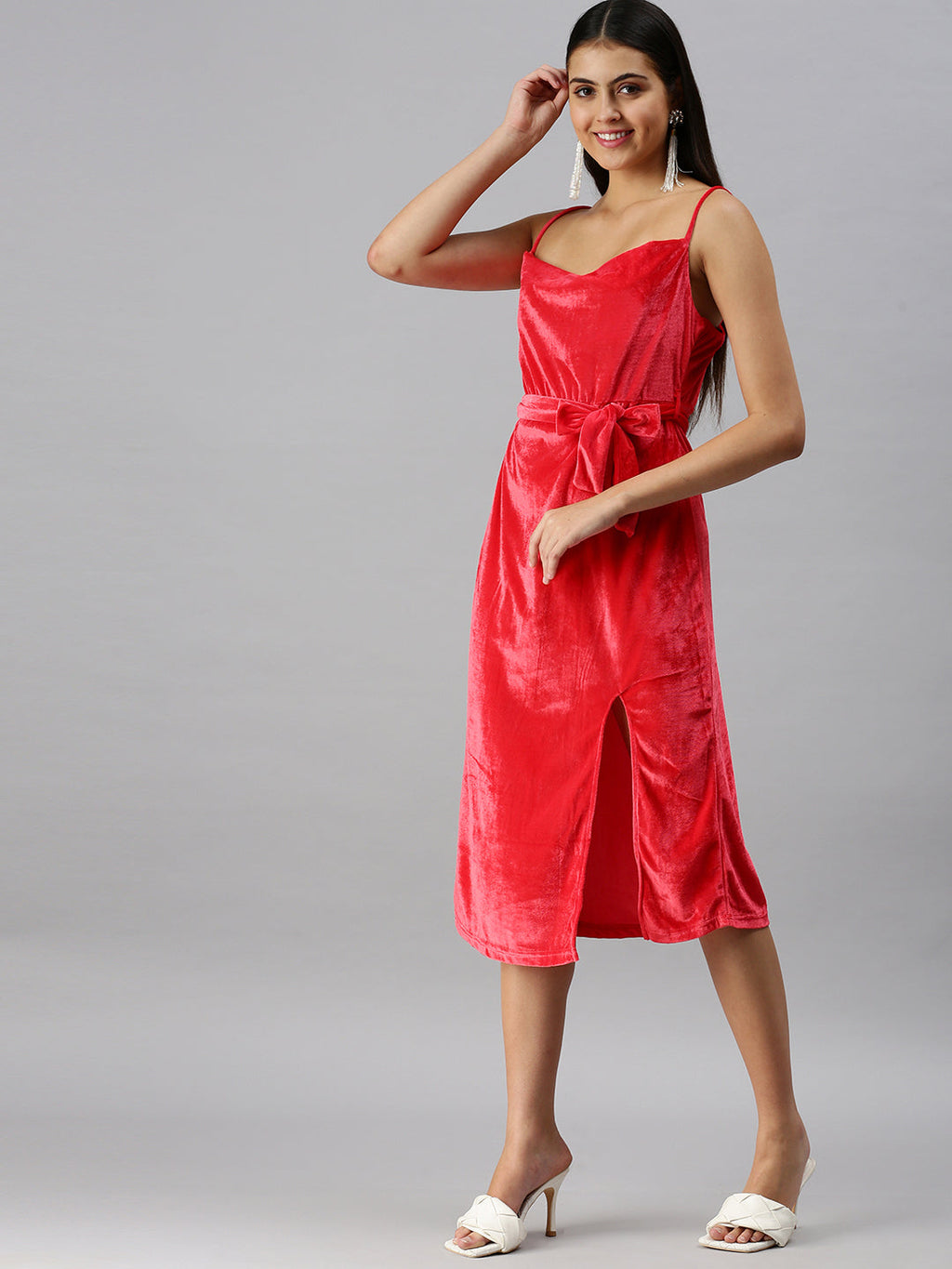 Women's Red Solid Velvet A-Line Midi Dress