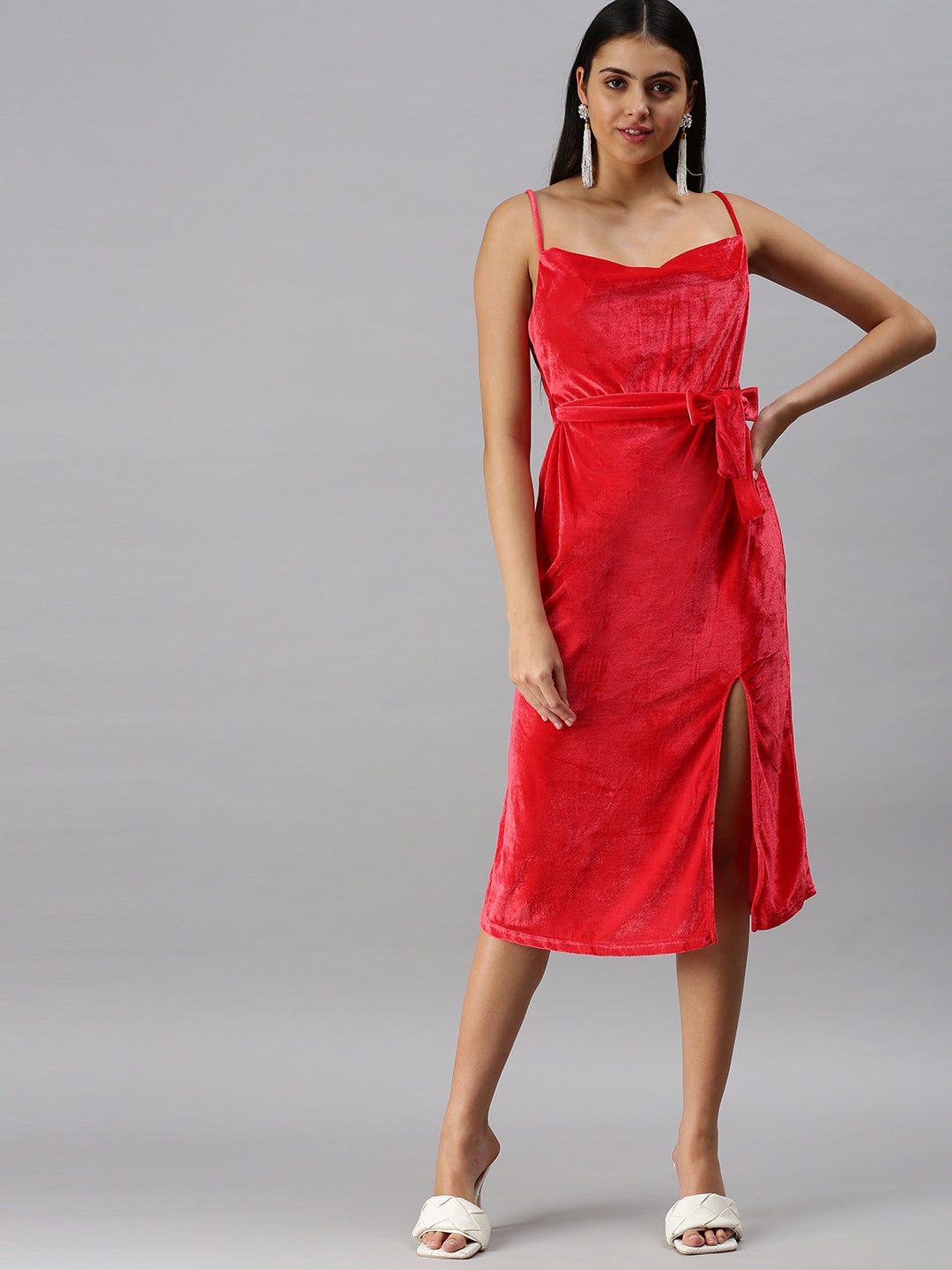 Women's Red Solid Velvet A-Line Midi Dress