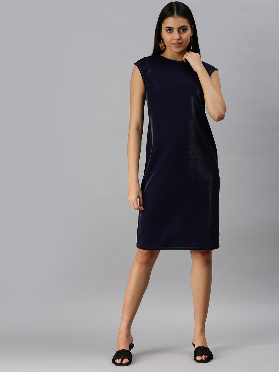 Women's Navy Blue Extended Sleeves Sheath Dress