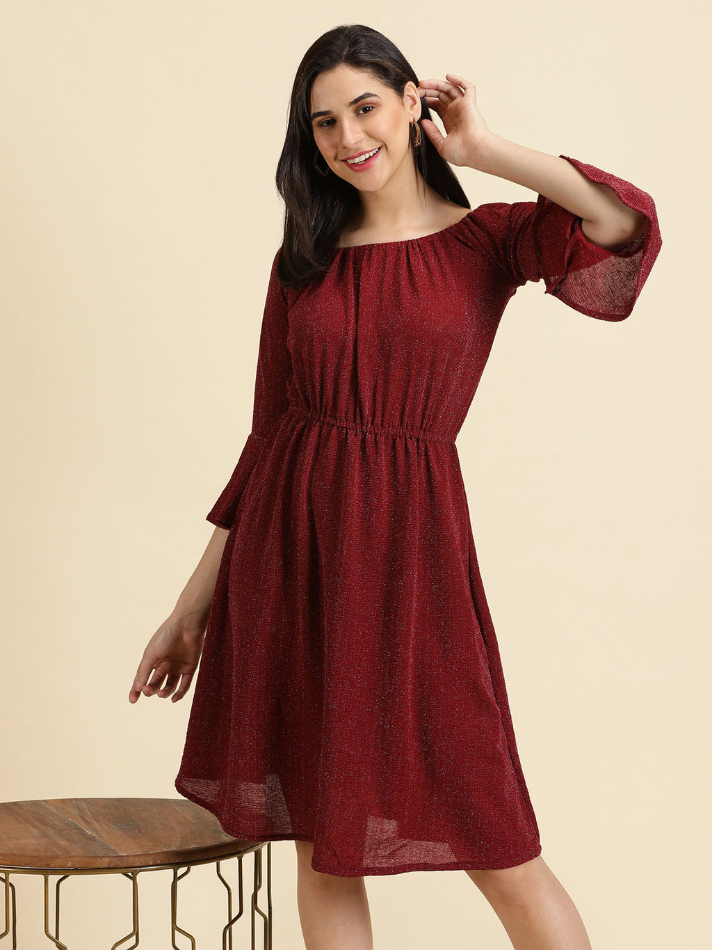 Women's Maroon Square Neck A-Line Dress