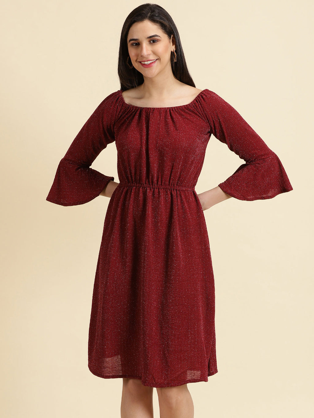 Women's Maroon Square Neck A-Line Dress
