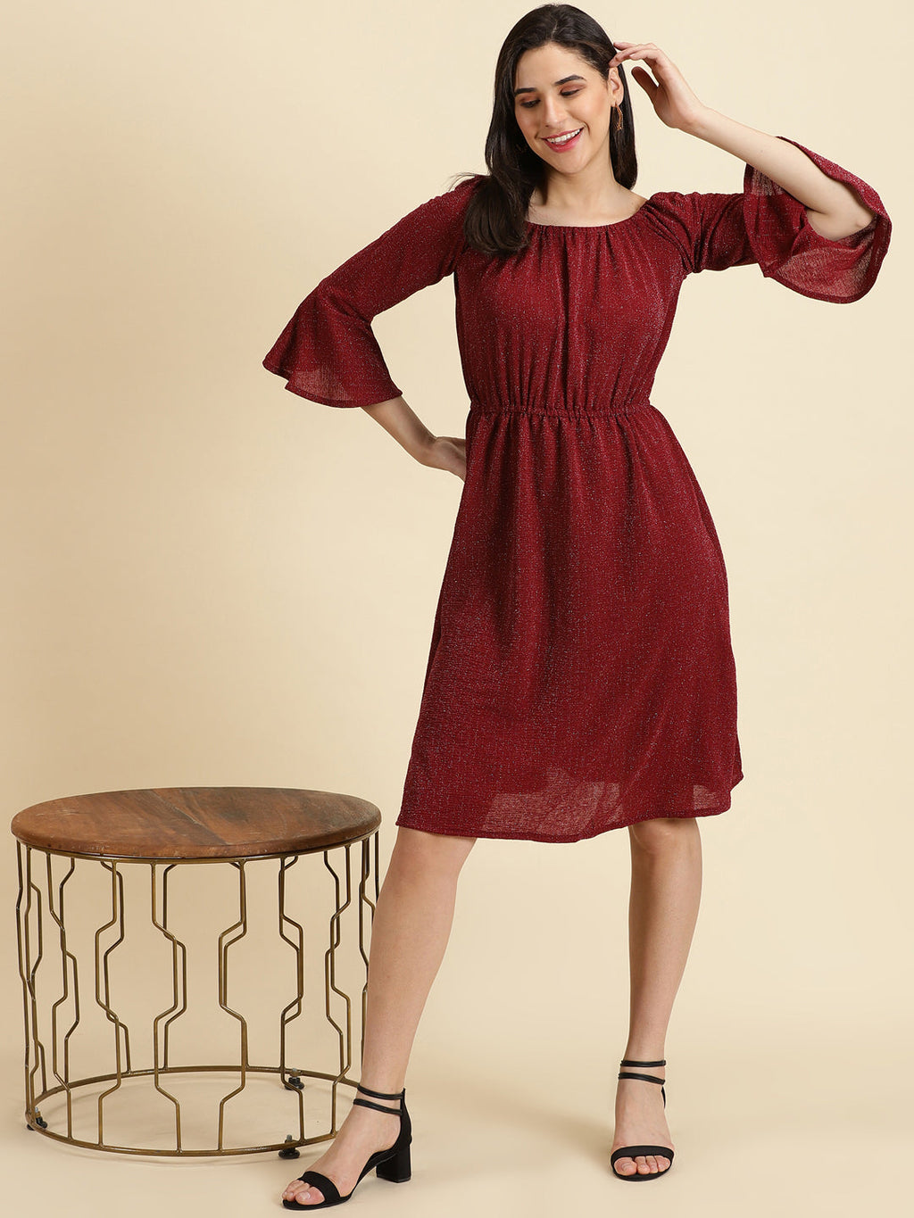 Women's Maroon Square Neck A-Line Dress