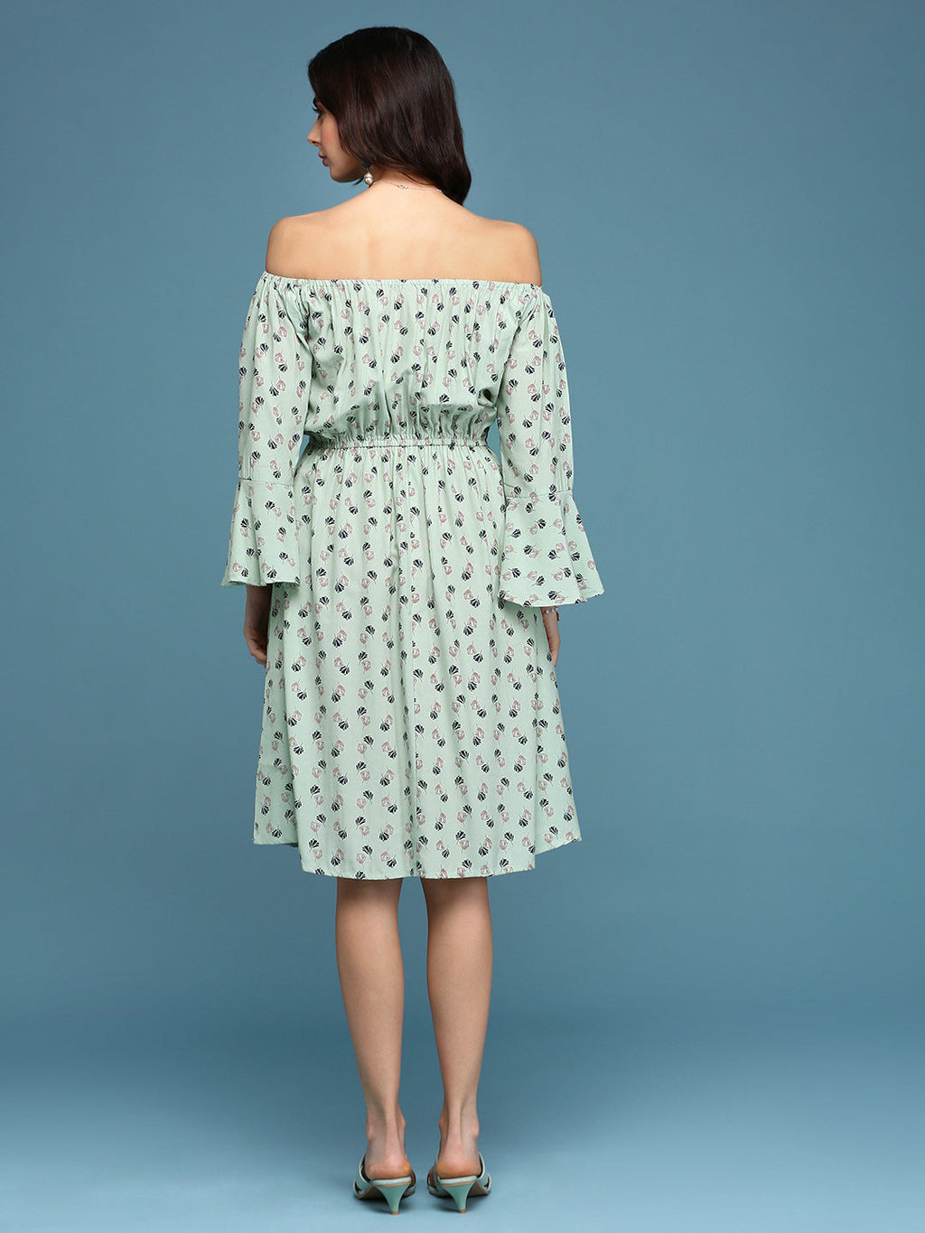 Women's Green Floral Printed Off-Shoulder Fit & Flare Dress
