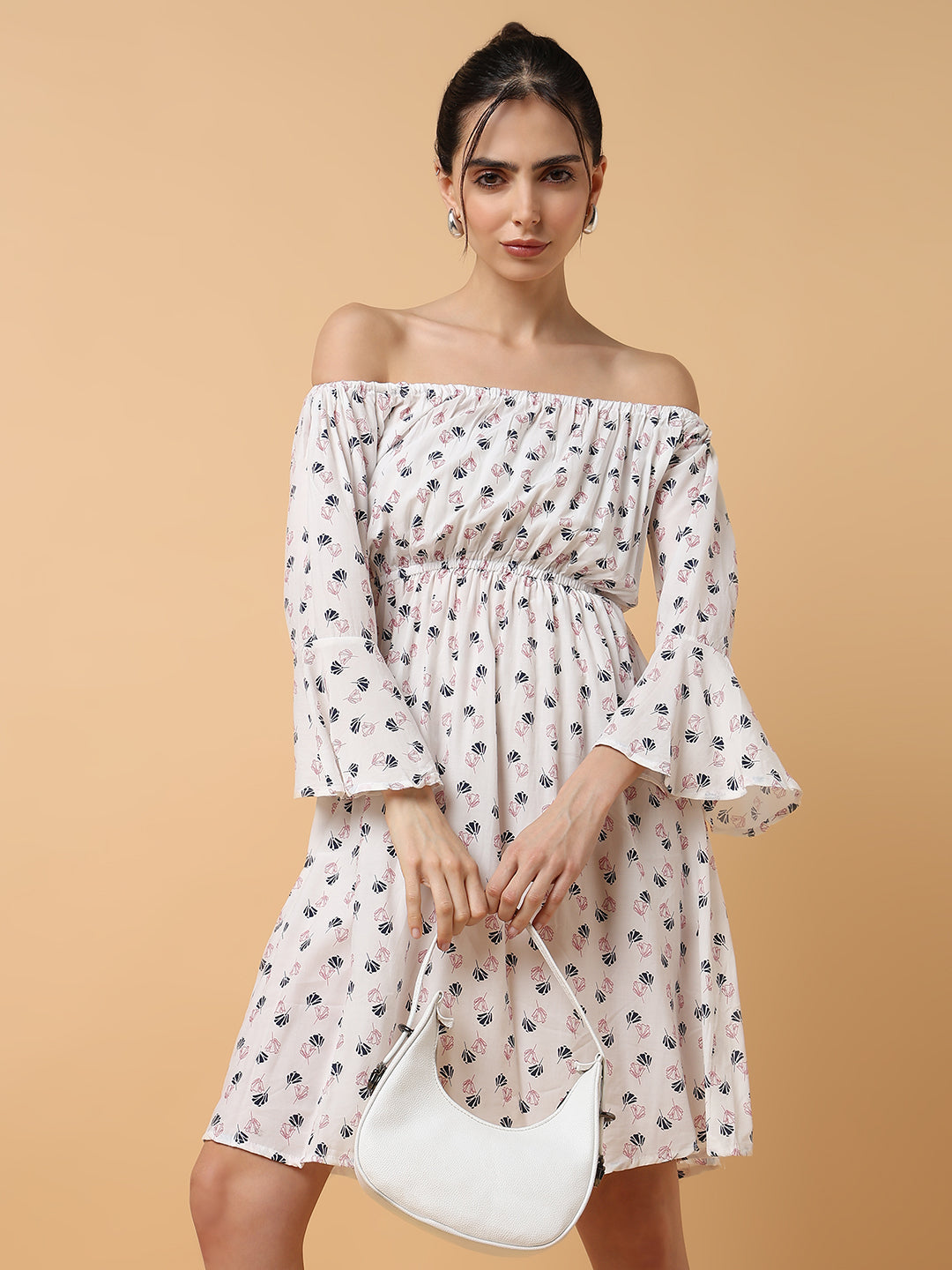 Women's White Blue Off-Shoulder Crepe Dress