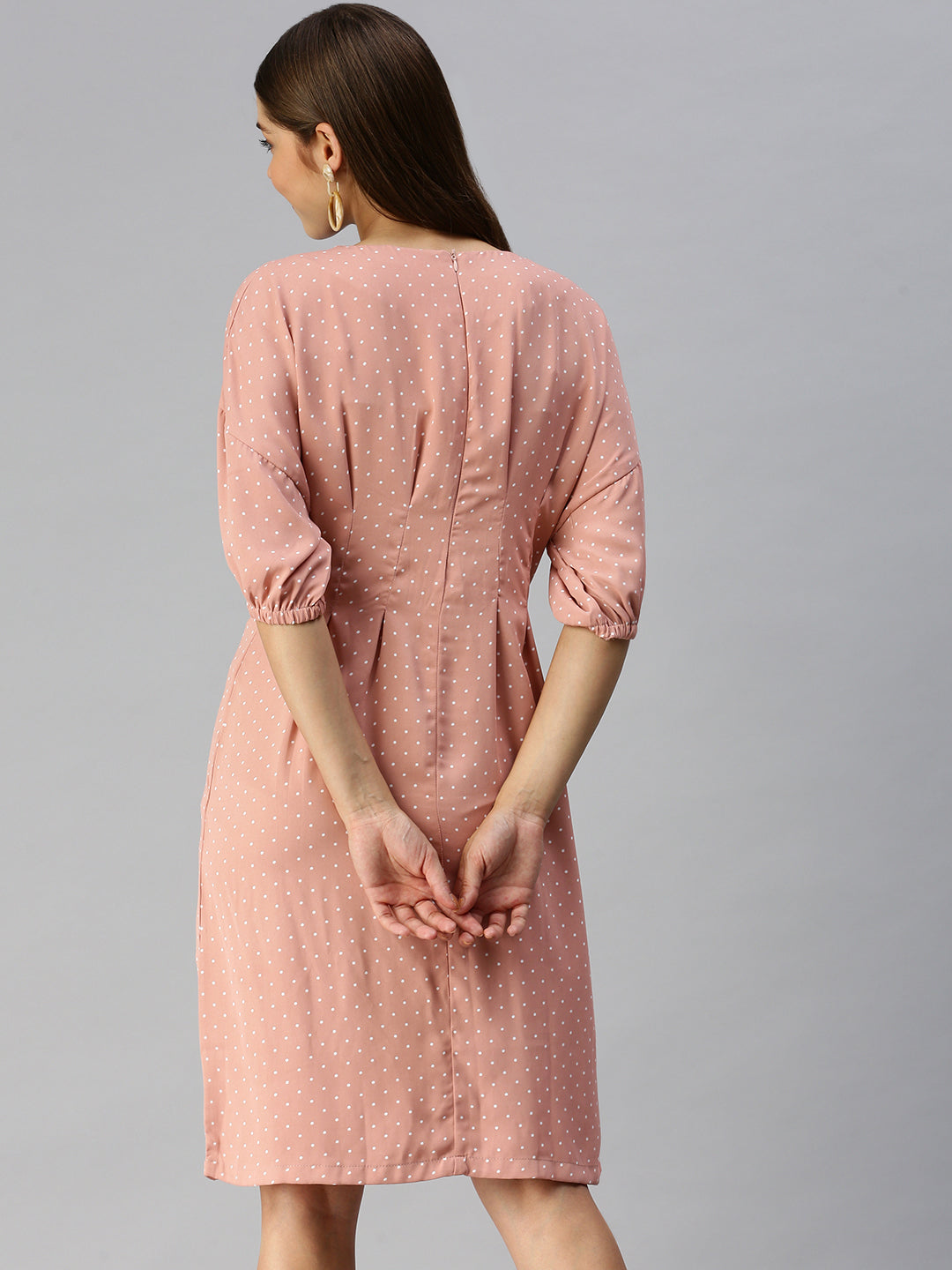 Women's Peach Polka Dot Crepe A-Line Dress