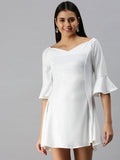 Women's White Solid Fit and Flare Scuba Dress