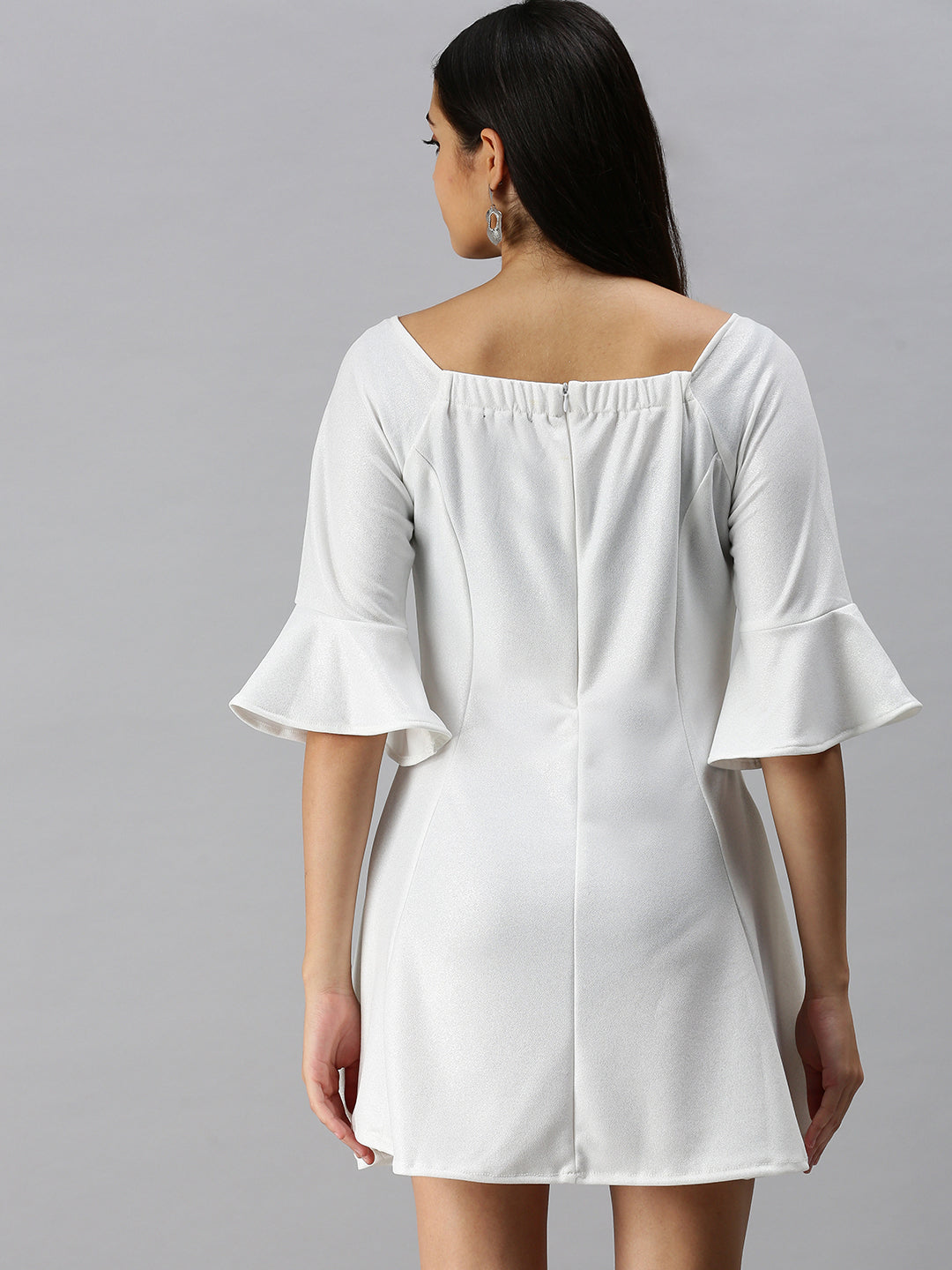 Women's White Solid Fit and Flare Scuba Dress
