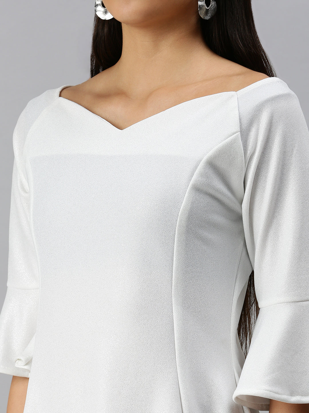 Women's White Solid Fit and Flare Scuba Dress