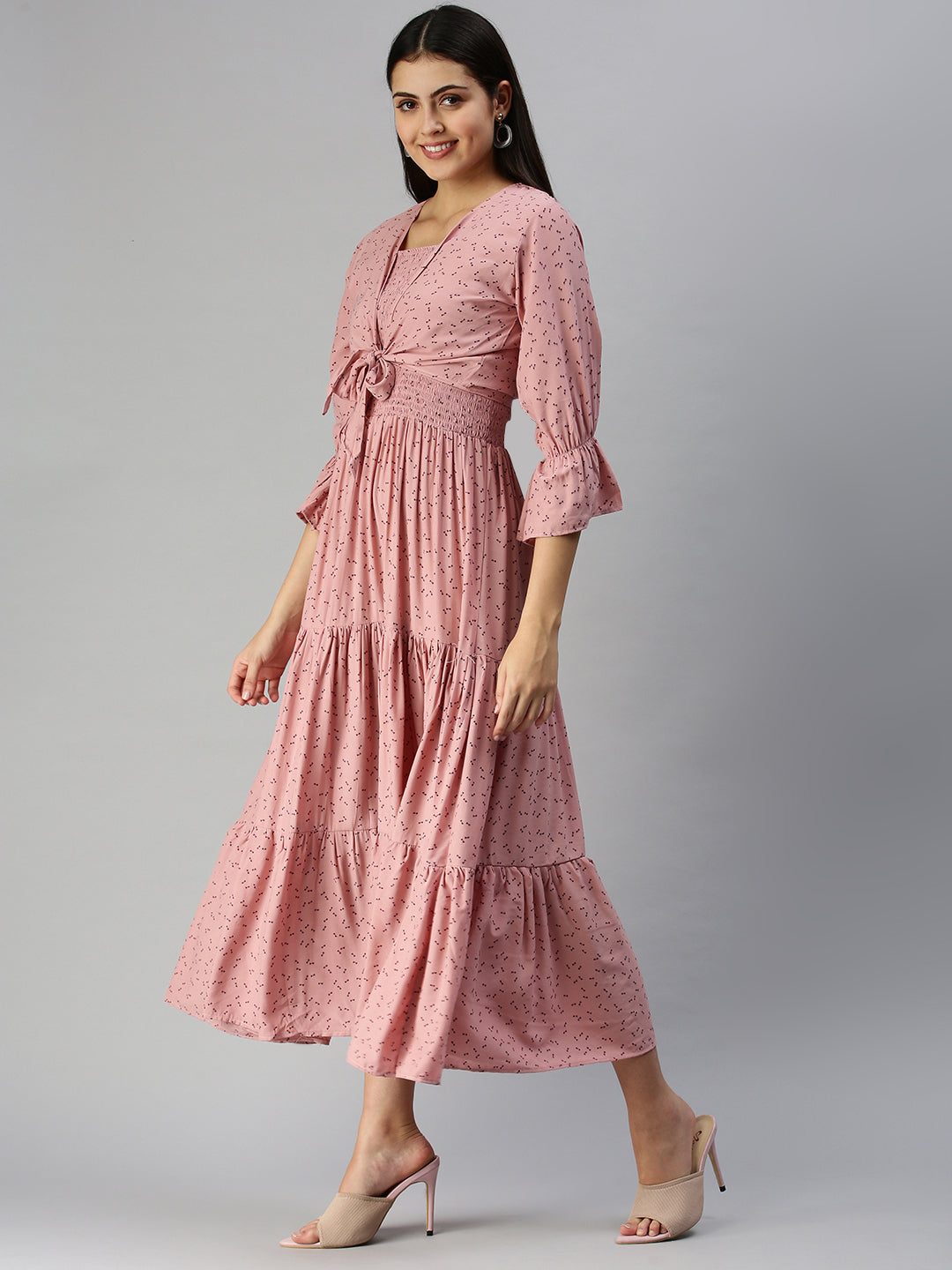 Women's Mauve Ethnic Motifs Crepe A-Line Midi Dress