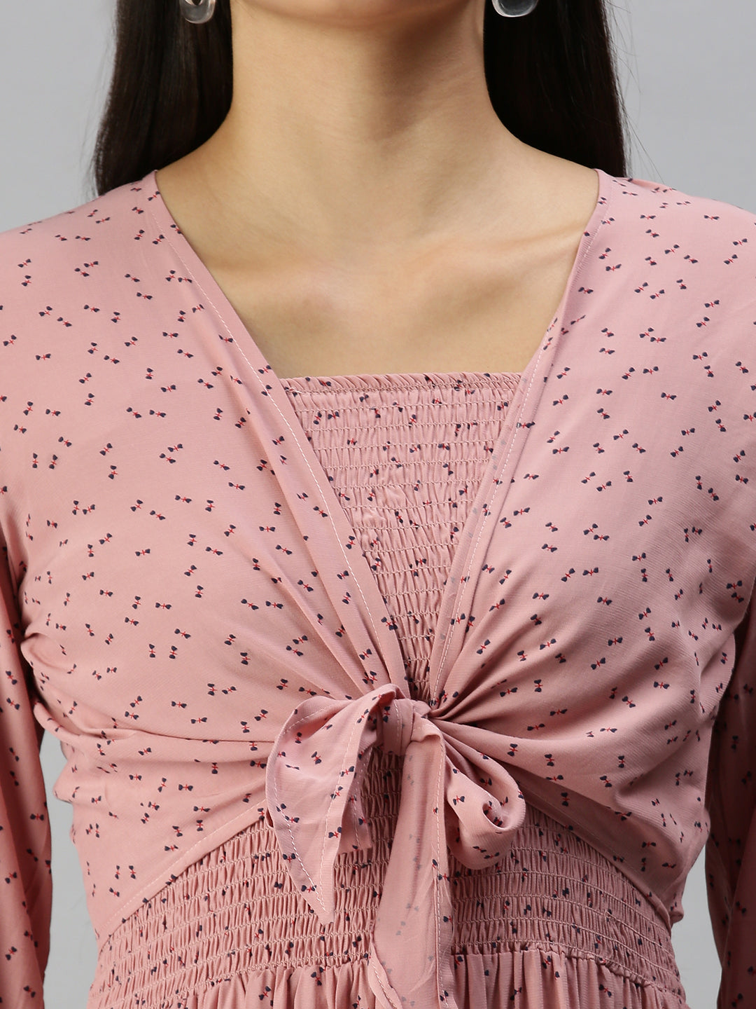Women's Mauve Ethnic Motifs Crepe A-Line Midi Dress