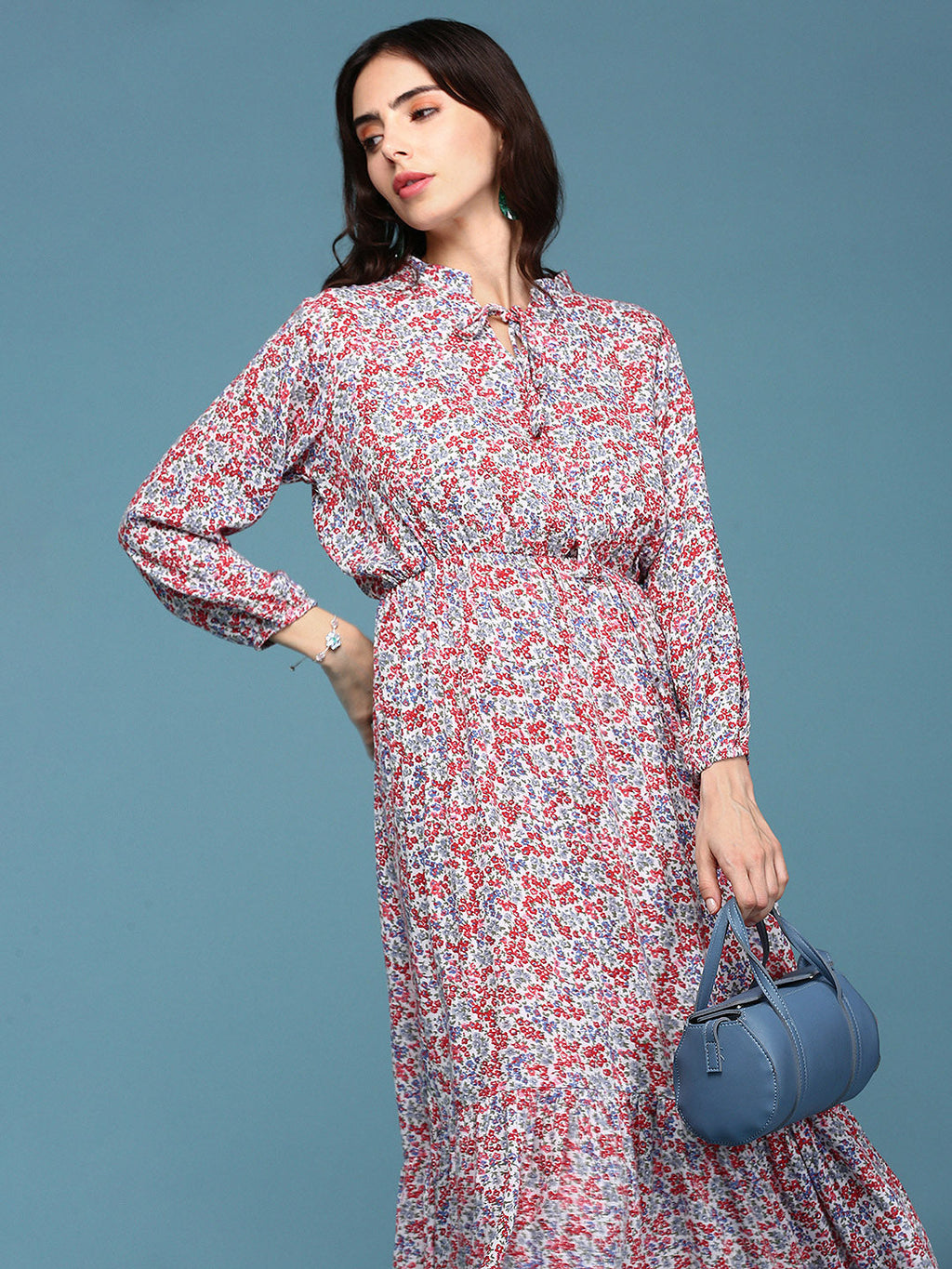 Women's White Floral Tie-Up Neck Midi Dress