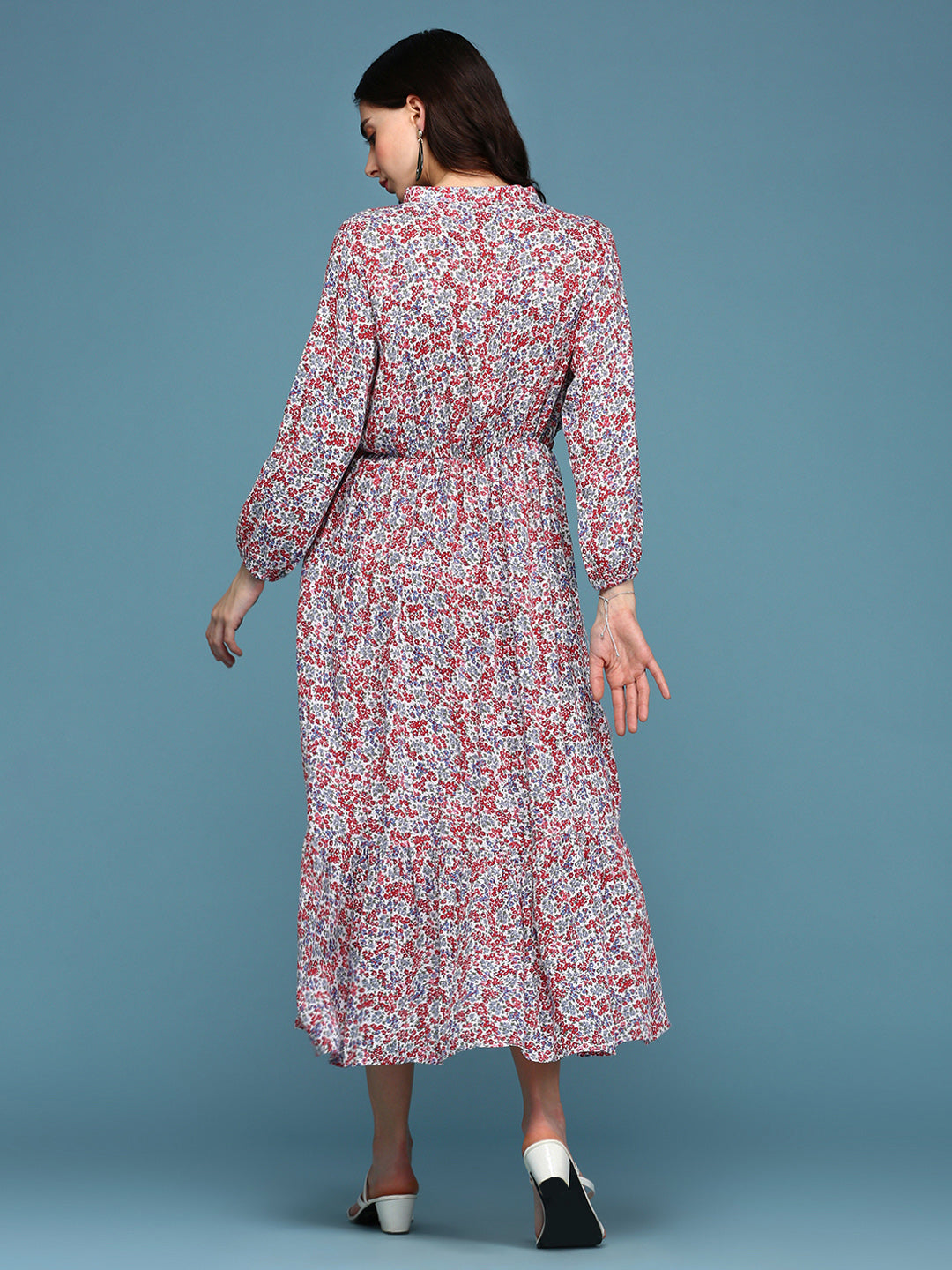 Women's White Floral Tie-Up Neck Midi Dress