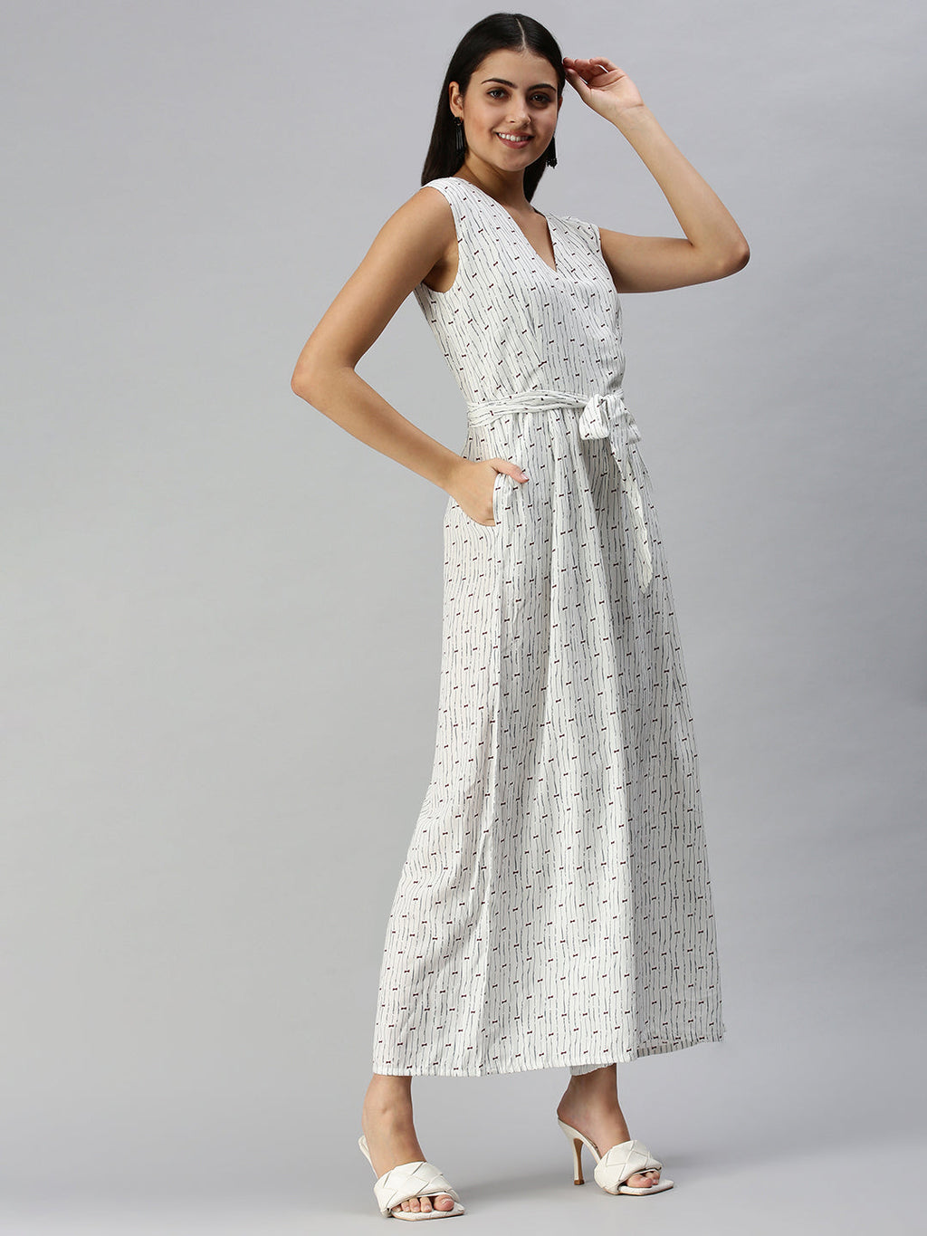 Women's White Printed Basic Jumpsuit