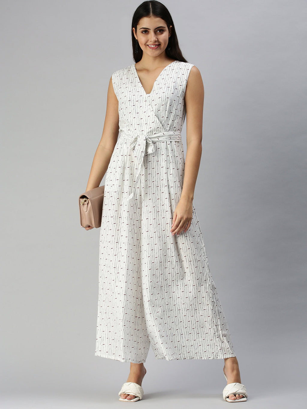 Women's White Printed Basic Jumpsuit