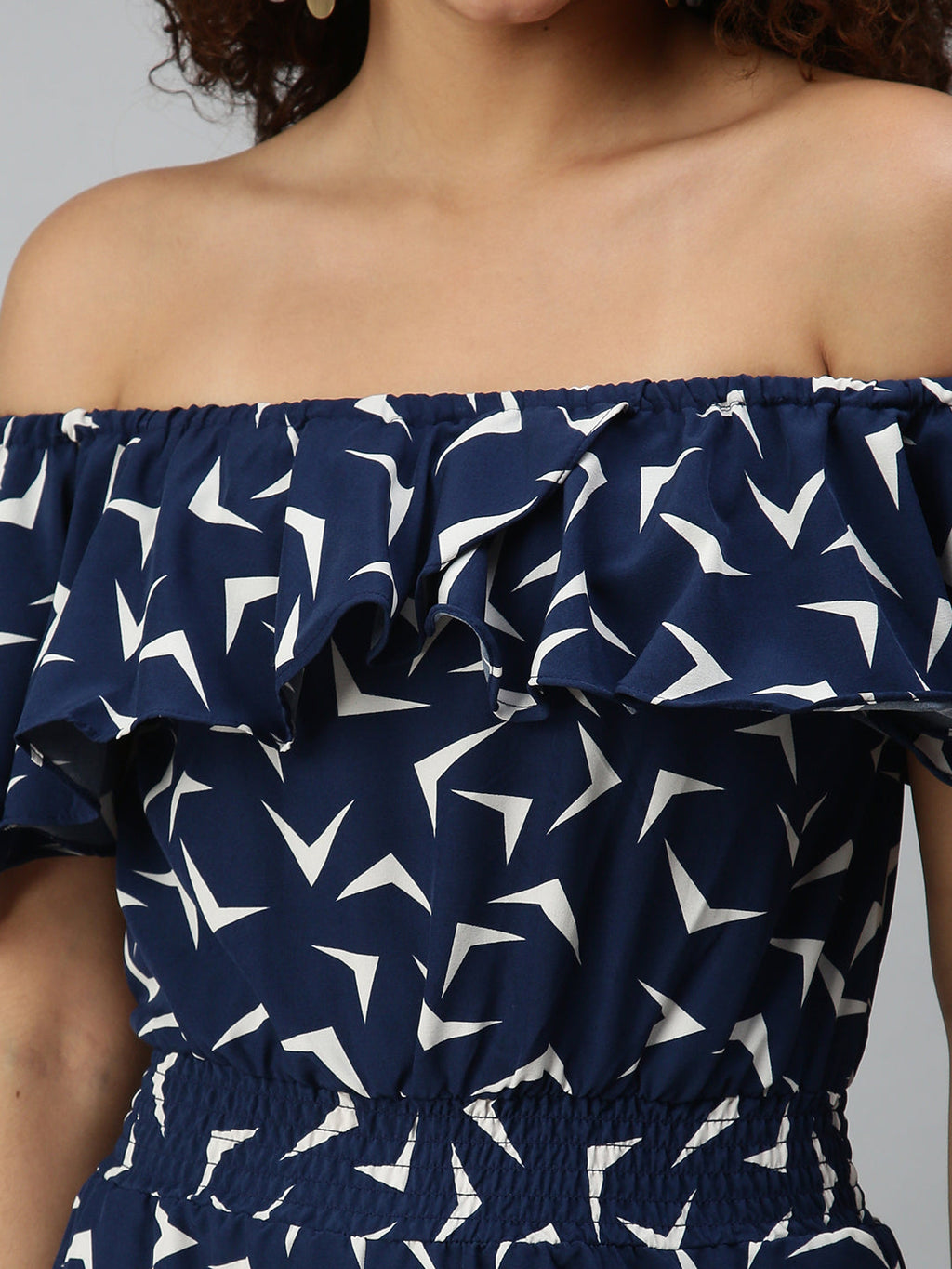Women's Blue Off-Shoulder Printed Basic Jumpsuit