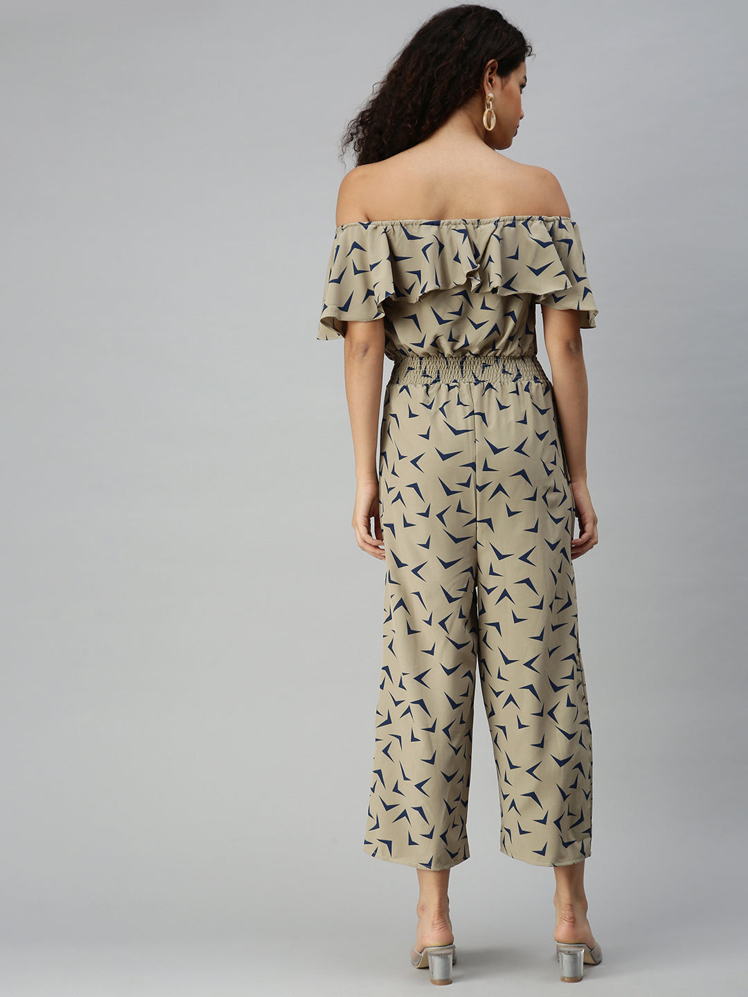 Women's Taupe Off-Shoulder Printed Basic Jumpsuit