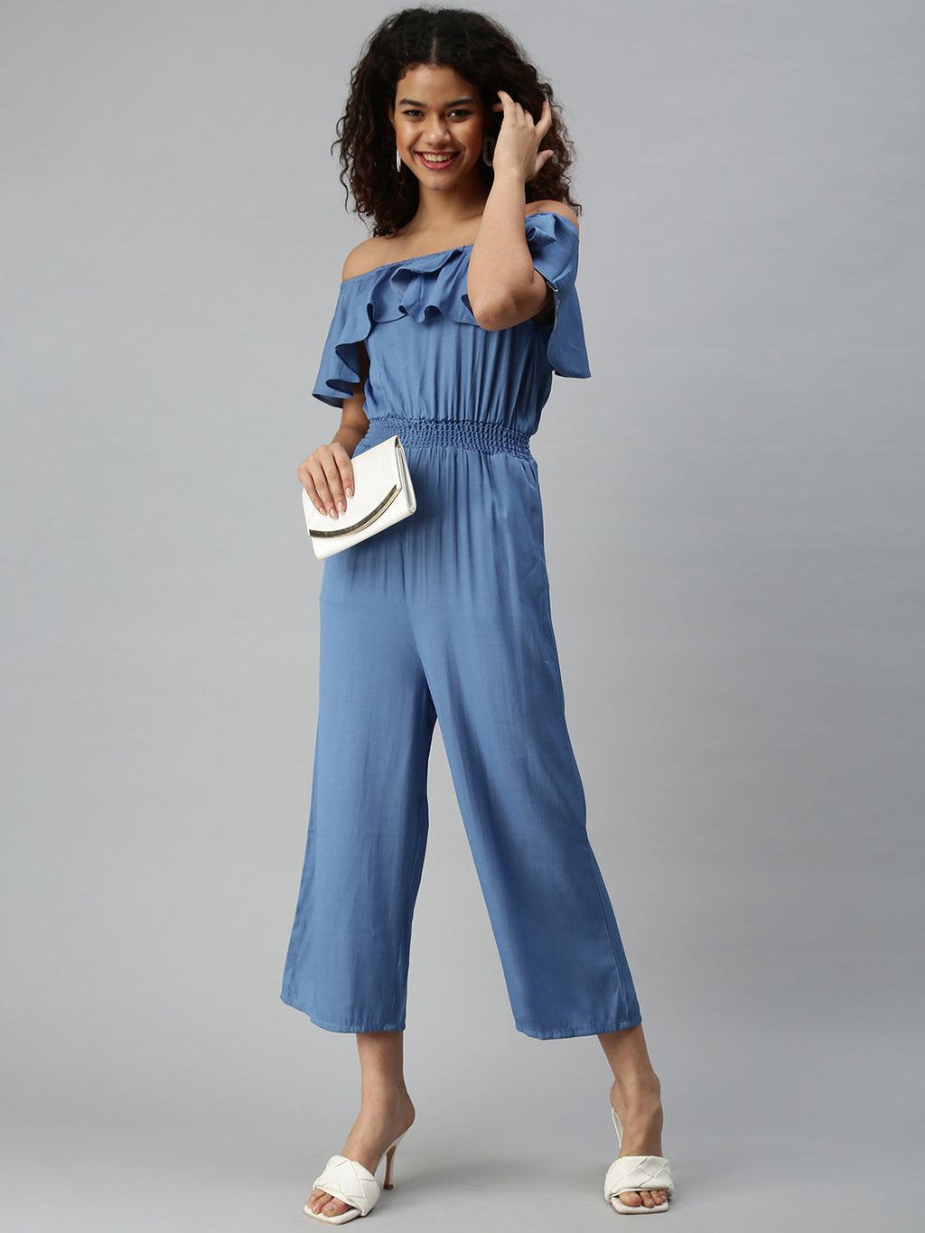 Women's Blue Off-Shoulder Cotton Basic Jumpsuit