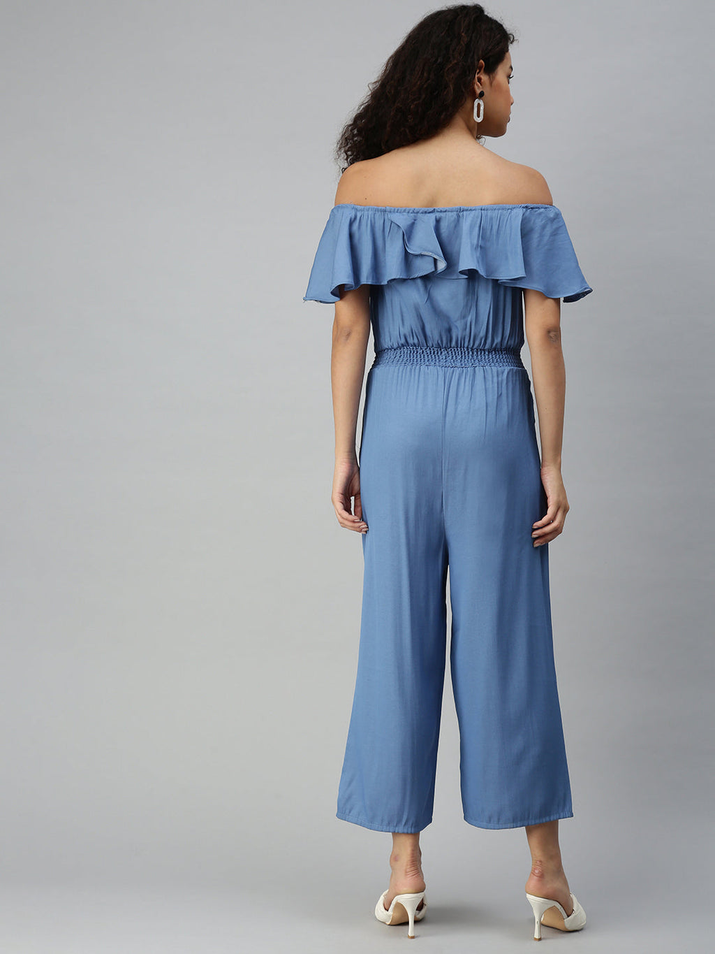 Women's Blue Off-Shoulder Cotton Basic Jumpsuit