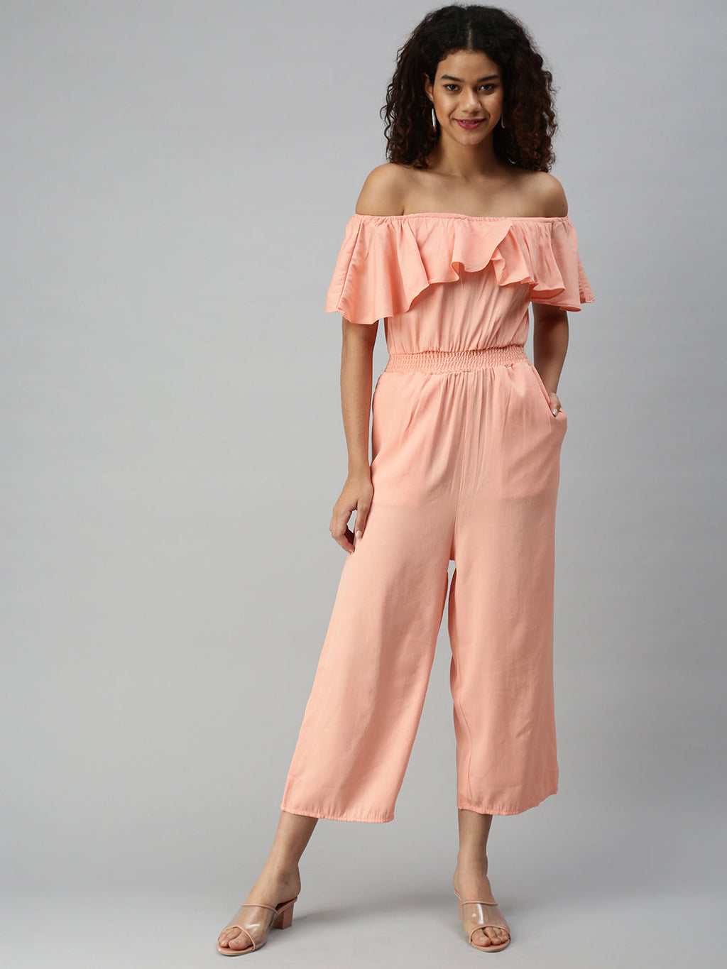 Women's Peach Solid Off-Shoulder Ruffles Cotton Basic Jumpsuit