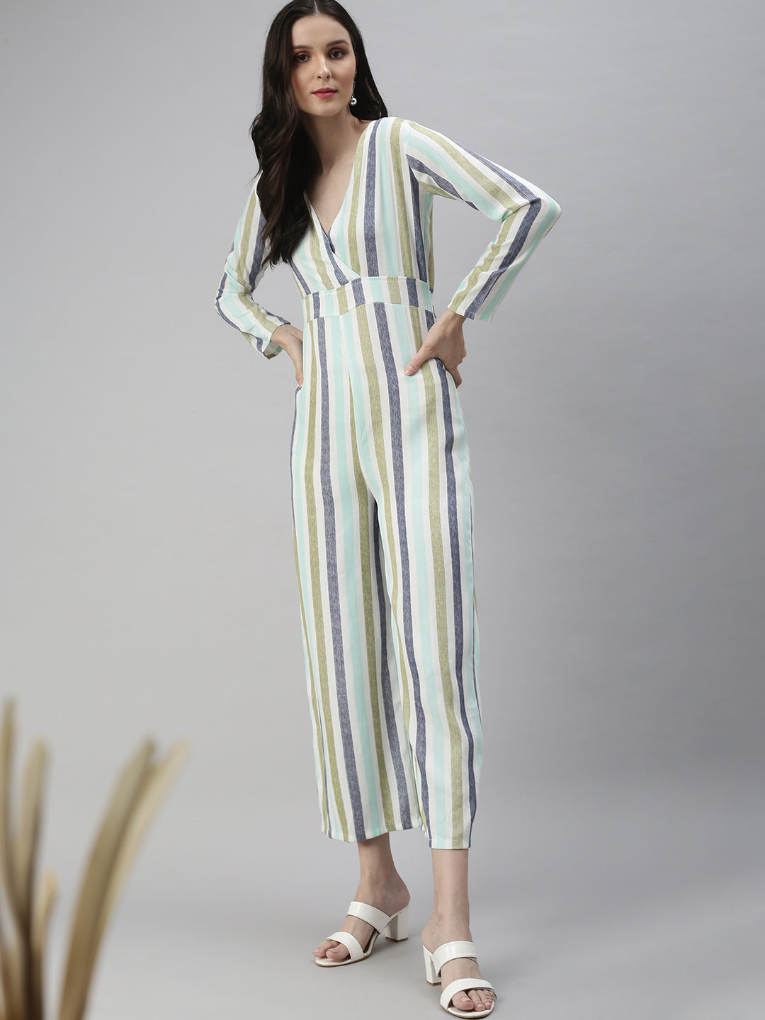 Women's White Striped Basic Jumpsuit