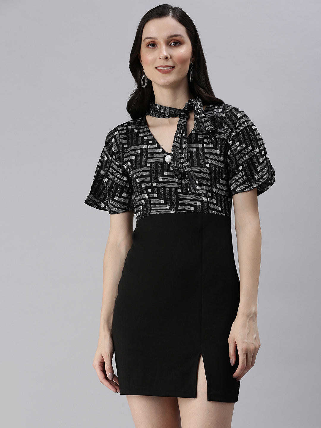 Women's Black Tie-Up Neck Sheath Dress