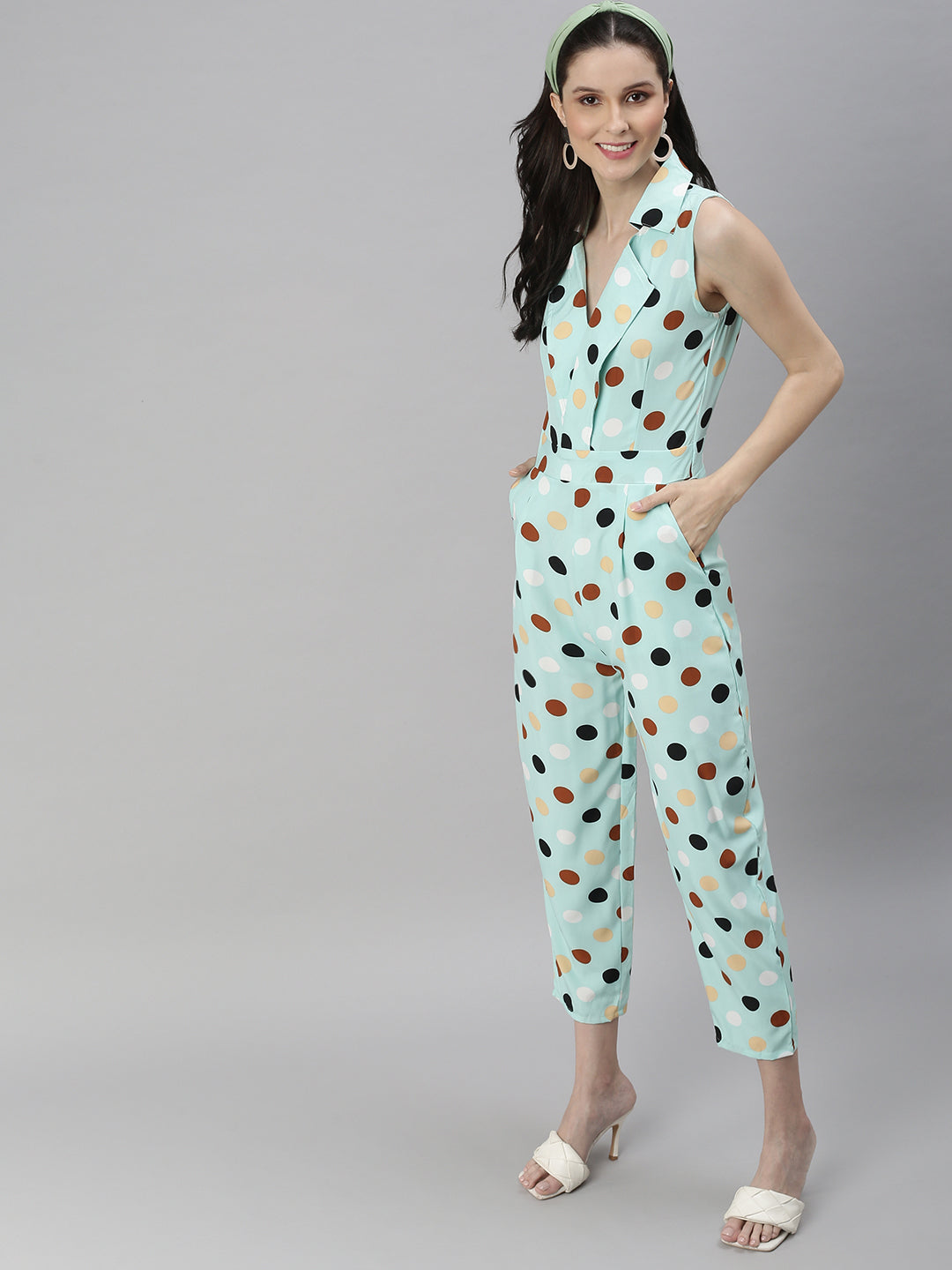 Women's Sea Green Printed Sleeveless Basic Jumpsuit