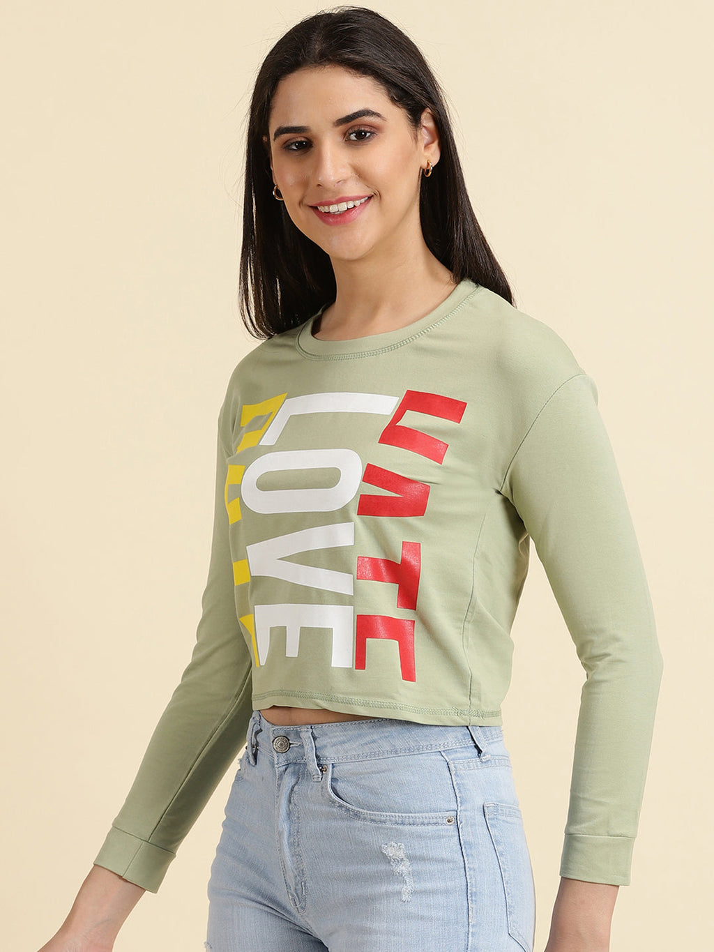 Women's Sea Green Printed Round Neck Top