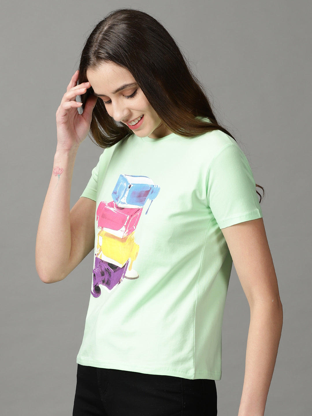 Women's Green Print Crepe Top