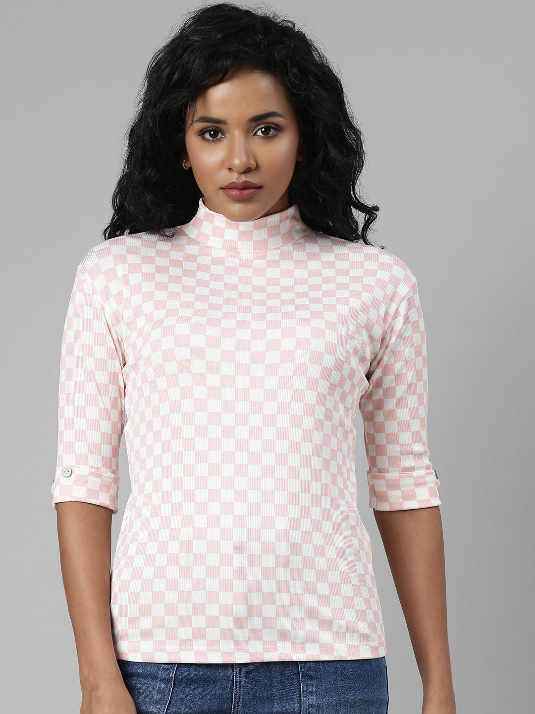 Women's Pink Checked Roll-Up Sleeves Regular Top