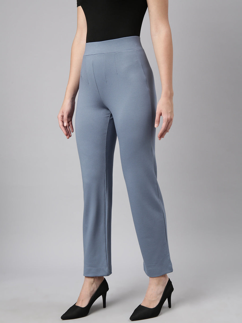 Women's Blue Comfort Straight Fit Cotton Regular Trouser