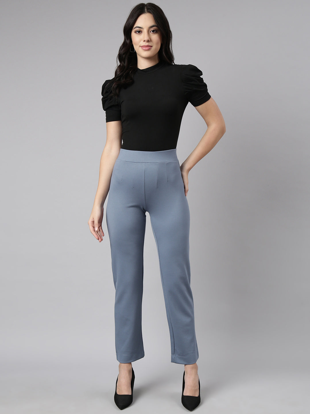 Women's Blue Comfort Straight Fit Cotton Regular Trouser
