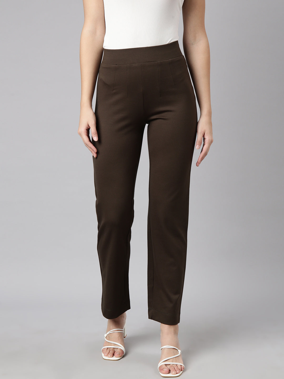 Women's Olive Cotton Comfort Straight Fit Regular Trousers
