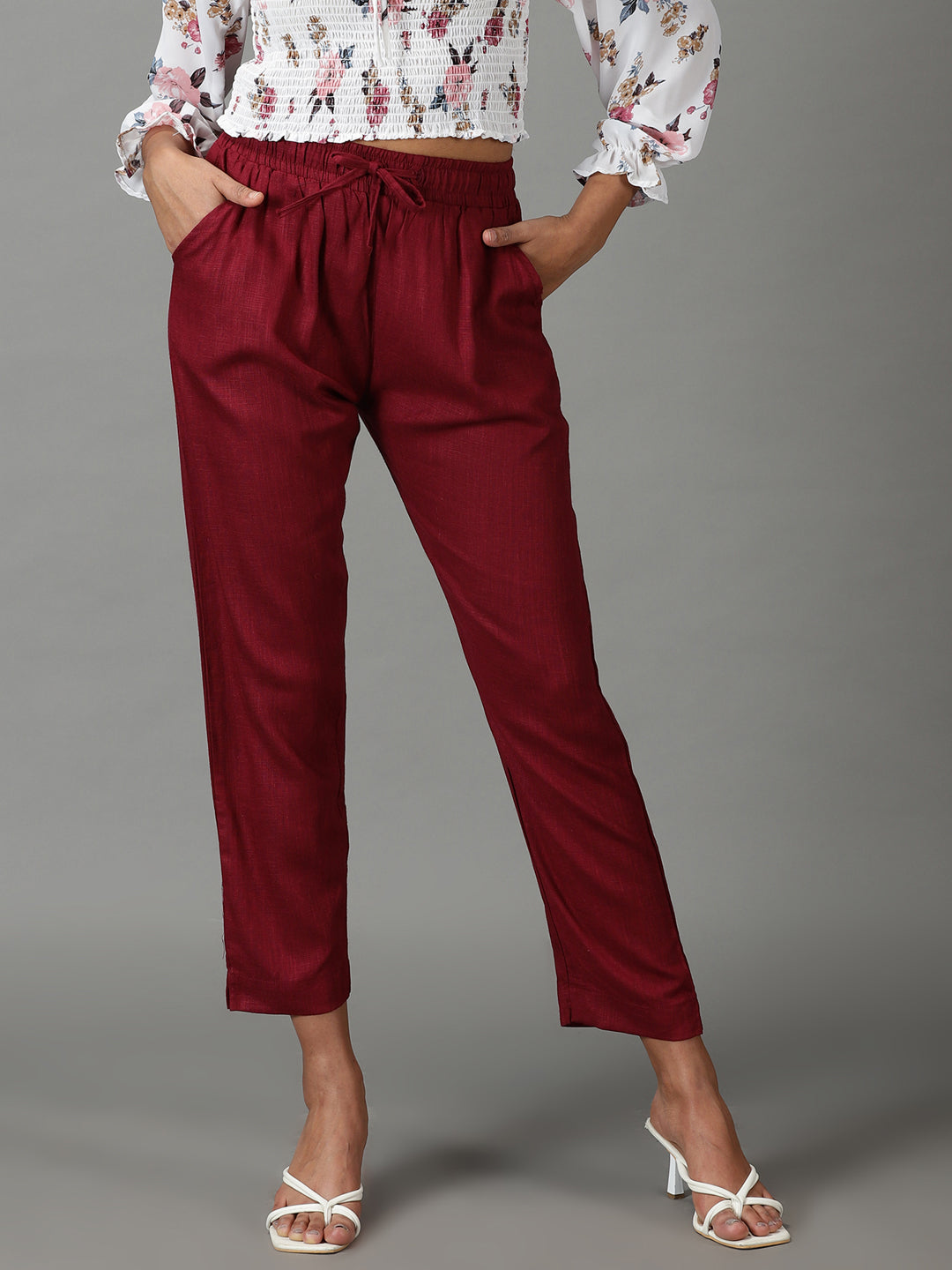 Women's Red Regular Fit Cigarette Trouser