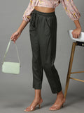 Women's Olive Pure Cotton Regular Fit Mid-Rise Trousers