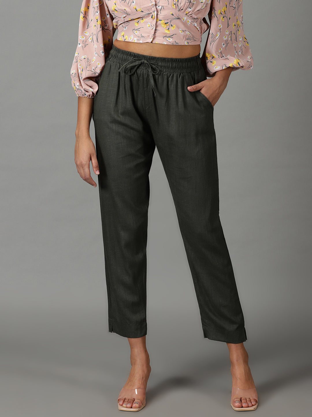 Women's Olive Pure Cotton Regular Fit Mid-Rise Trousers