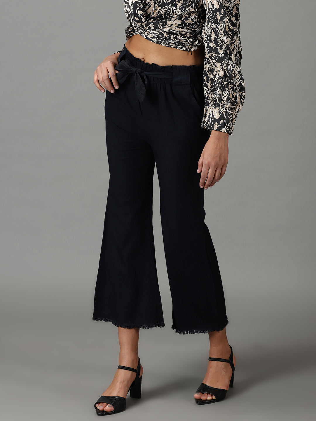 Women's Black Denim Cropped Straight Fit Culottes