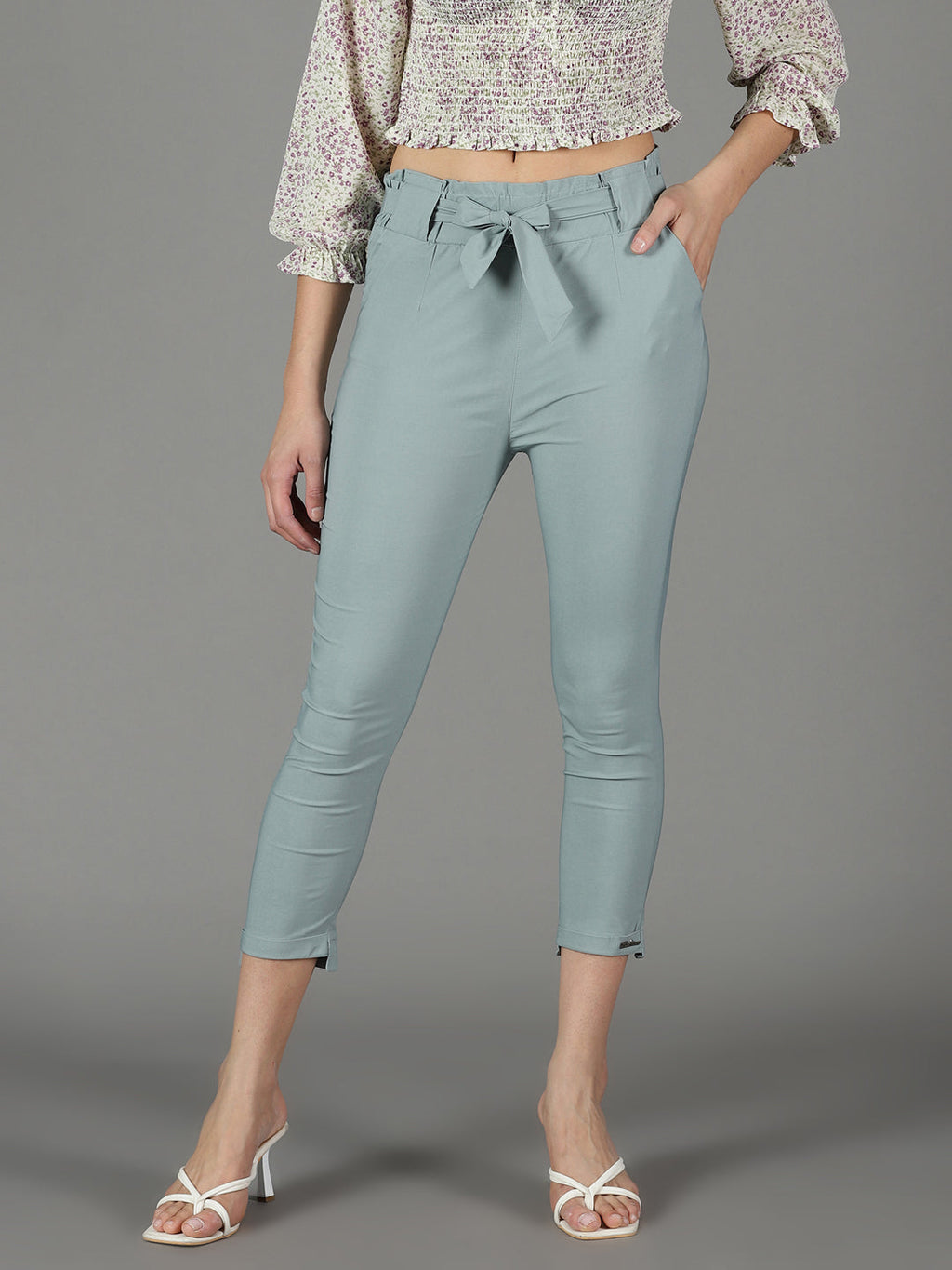 Women's Grey Relaxed Slim Fit High-Rise Cigarette Trousers
