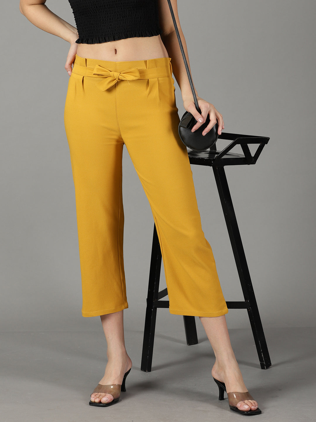 Women's Mustard Cotton Relaxed Straight Fit High-Rise Trousers