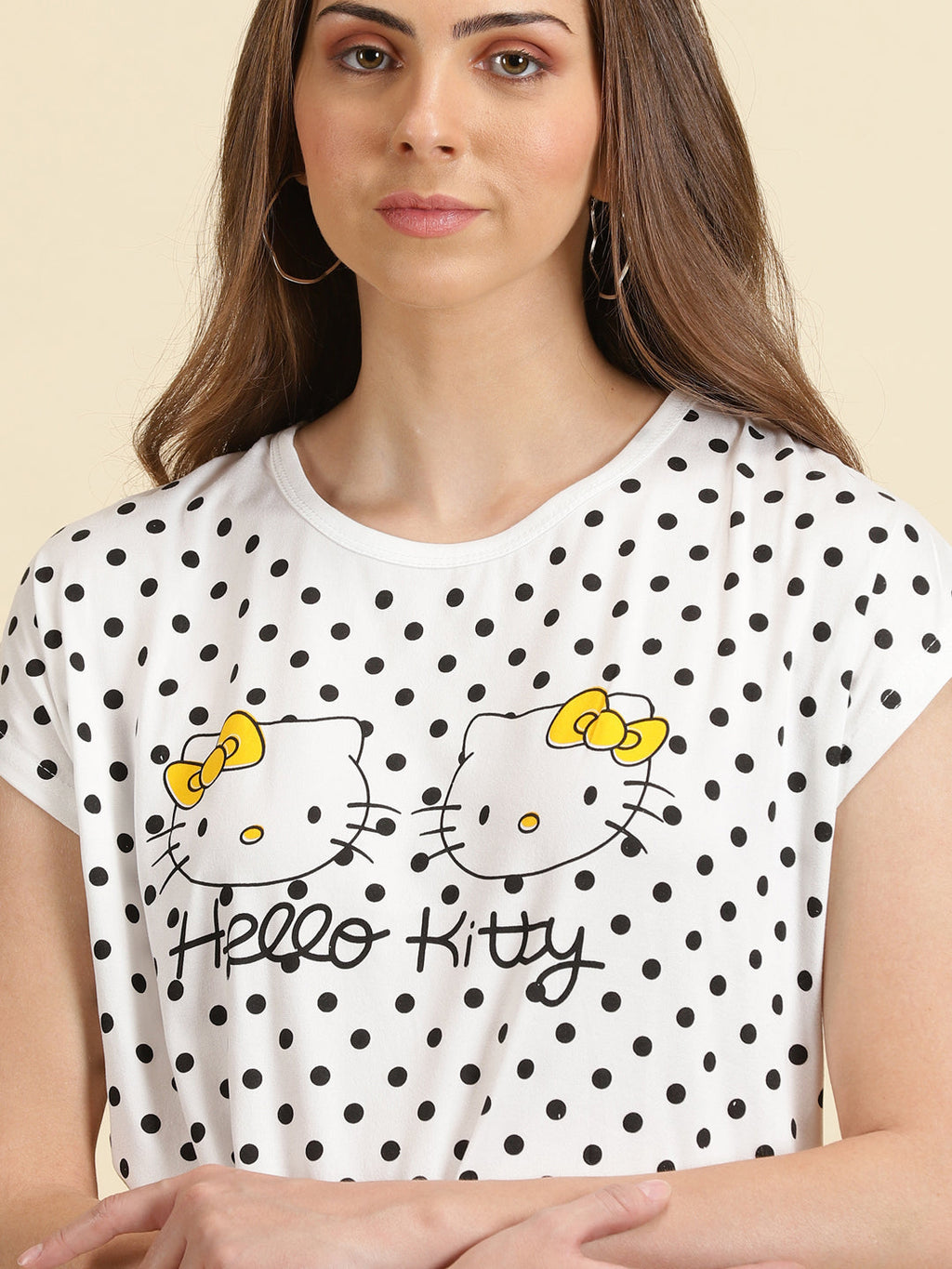 Women's White Polka Dot Printed Extended Sleeves Top