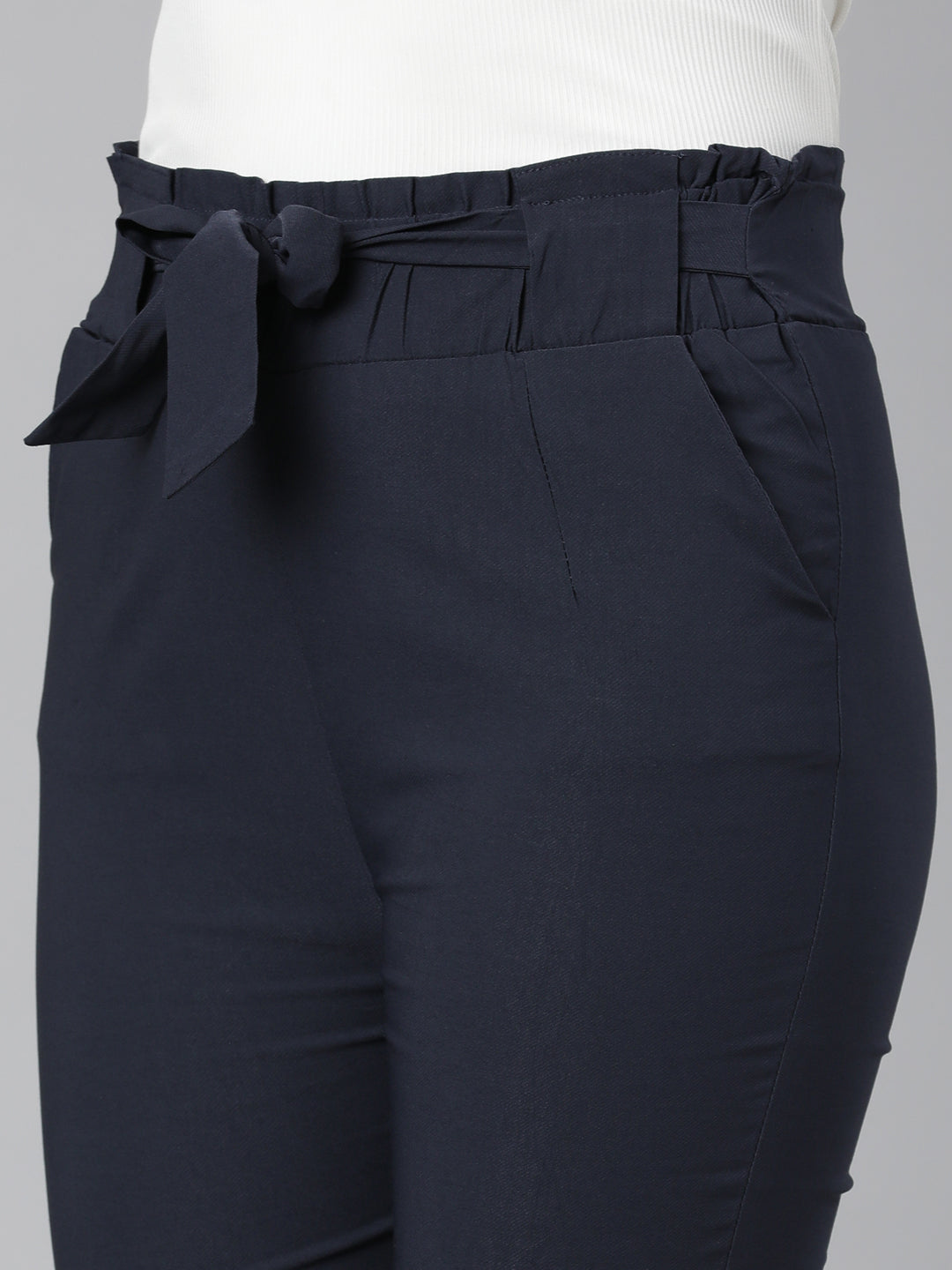 Women's Navy Blue Relaxed Slim Fit Cotton Cigarette Trousers