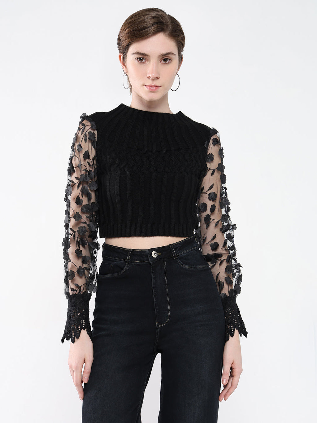 Women's Black Self Design Round Neck Acrylic Top