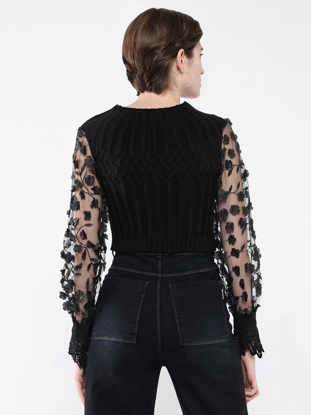 Women's Black Self Design Round Neck Acrylic Top