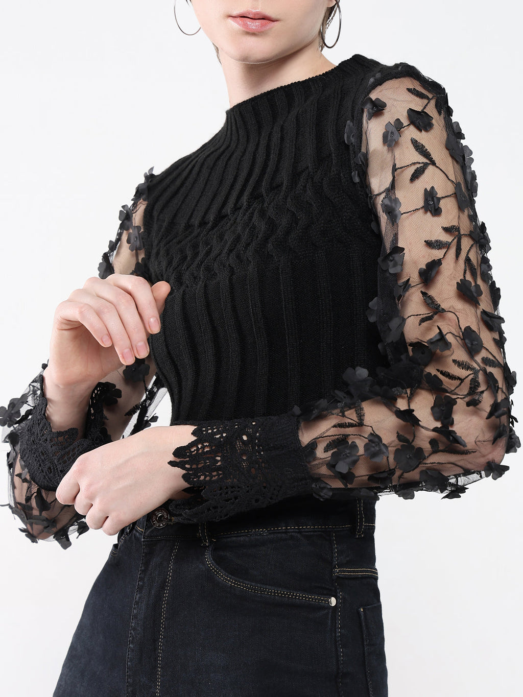 Women's Black Self Design Round Neck Acrylic Top