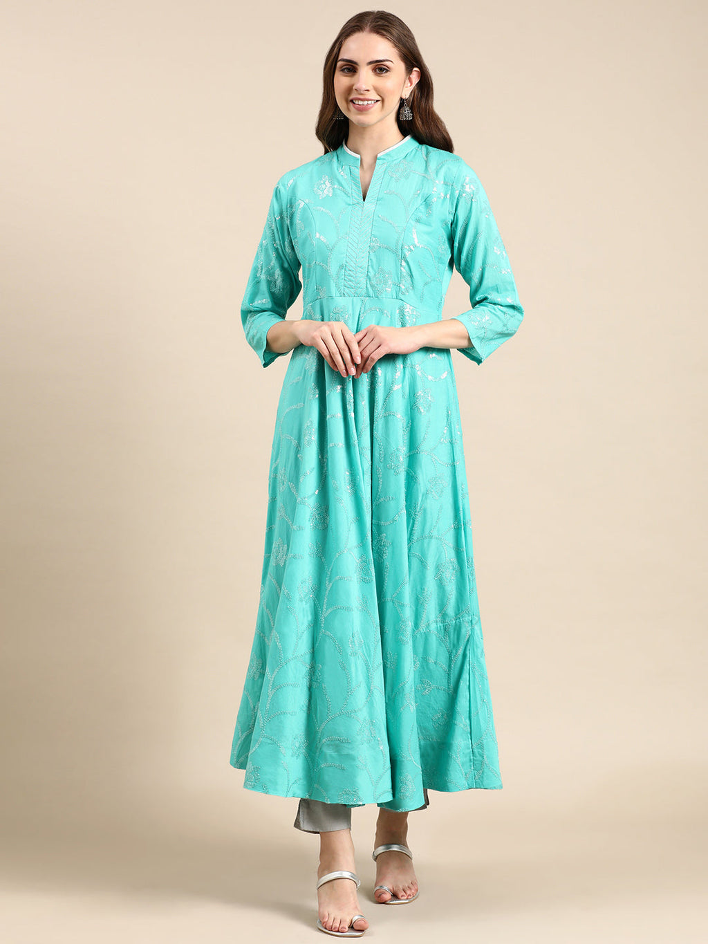 Women's Sea Green Embroidered Sequin Work Anarkali Kurta