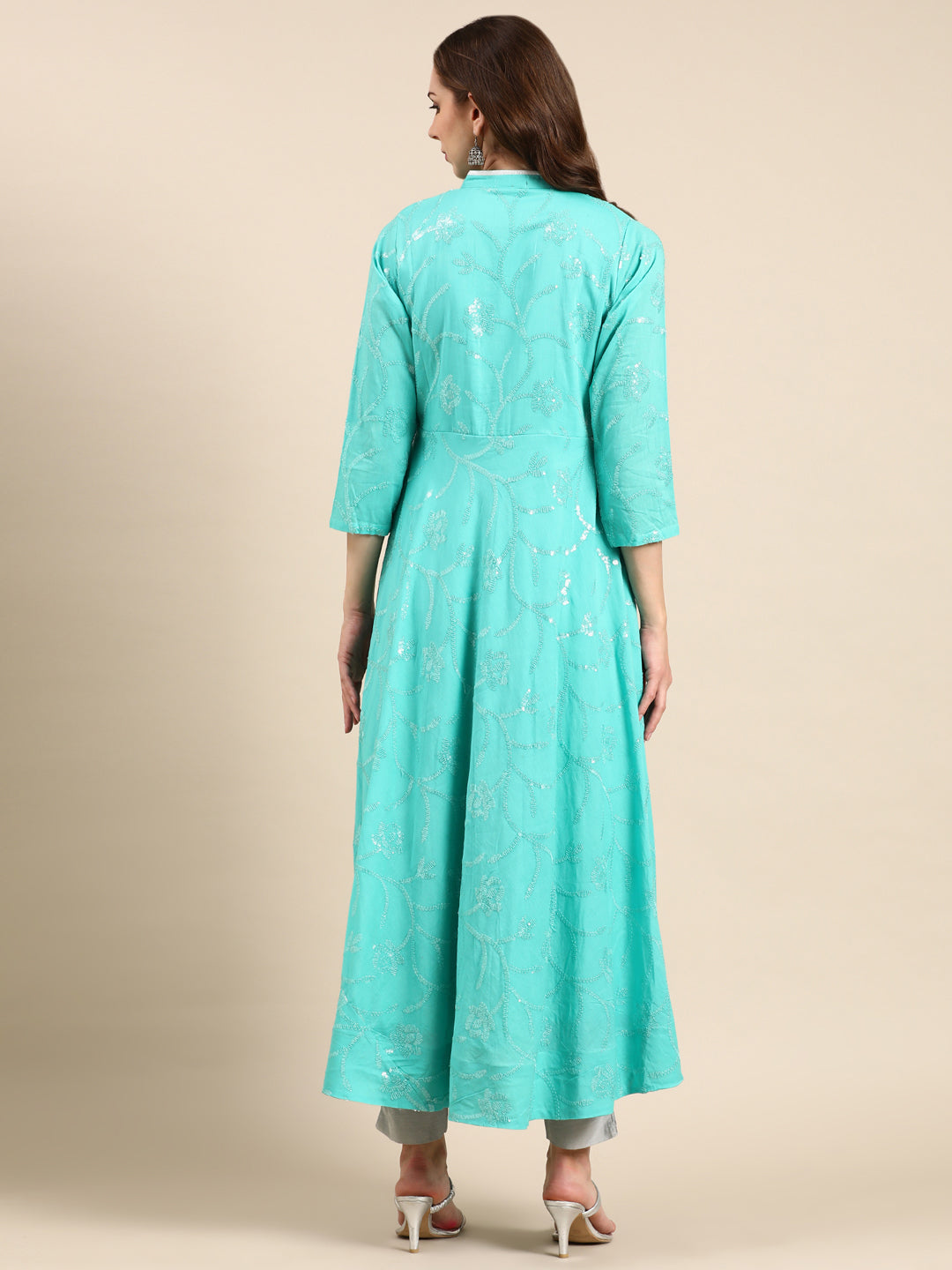Women's Sea Green Embroidered Sequin Work Anarkali Kurta
