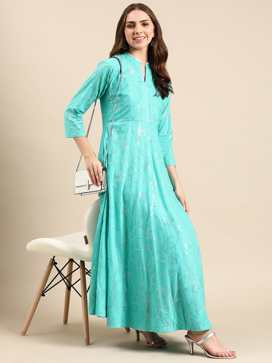 Women's Sea Green Embroidered Sequin Work Anarkali Kurta